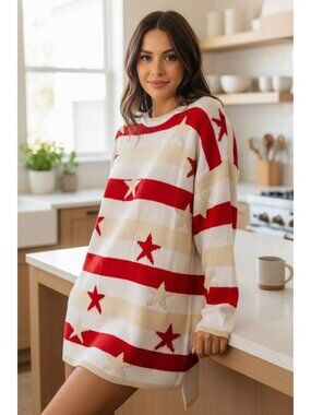 Oversized Stars and Stripes High-Low Long Sleeve Knit American Pullover Sweater